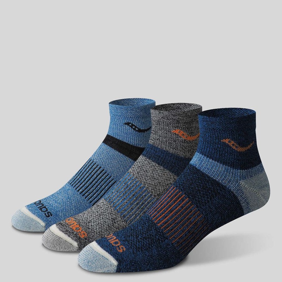 Men Saucony Accessories | Men'S Inferno Merino Wool Blend Quarter 3-Pack Sock Blue Assorted